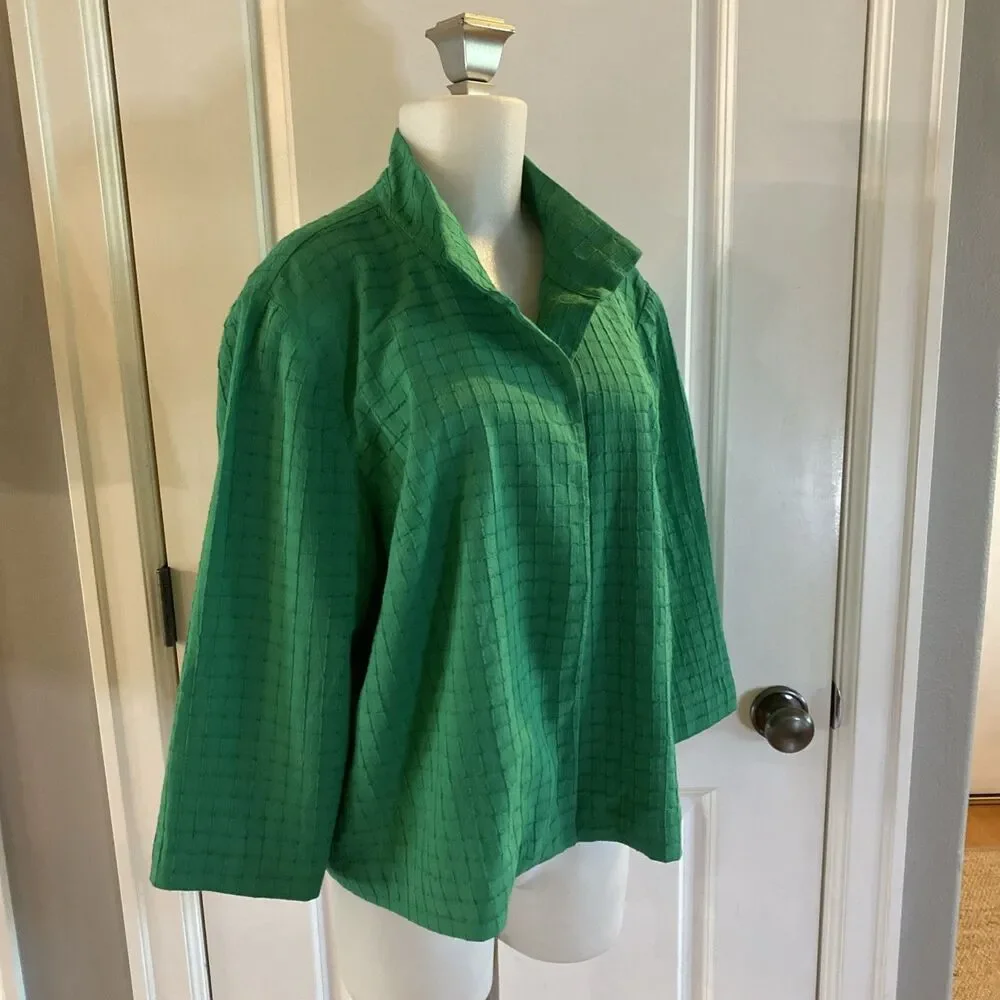 Chicos Kelly Green Cotton Blend Open Front Jacket Size 3 Travelers Collection‎